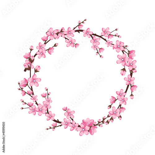 Cherry blossom wreath. Pink cute sakura flowers 