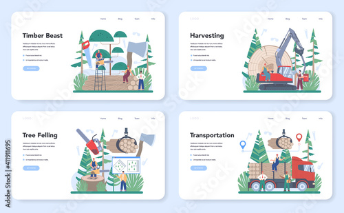 Timber industry and wood production web banner or landing page set.