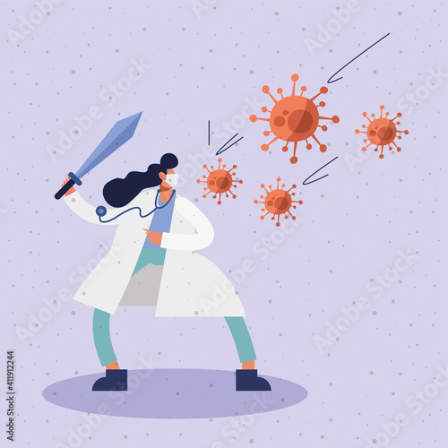 female doctor wearing medical mask with sword and virus particles
