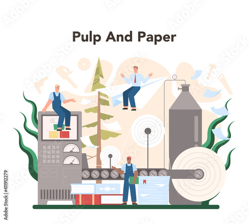 Wood industry and paper production concept. Logging and woodworking