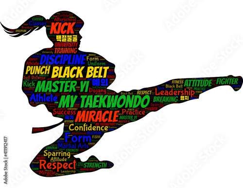 Taekwondo woman kicking with words 