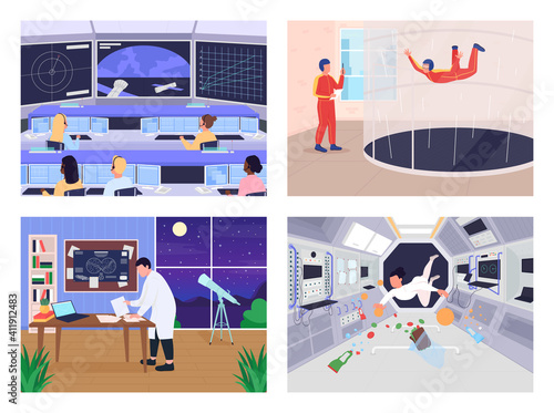 People who are involved in space program flat color vector illustration set. Facility which improves skills of workers 2D cartoon characters with special devices of ability upgrading on background
