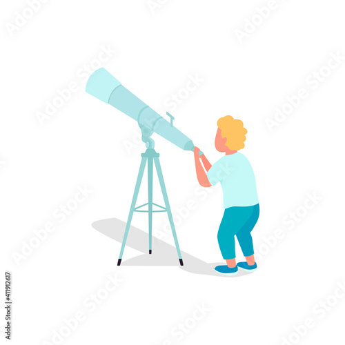 Little child flat color vector faceless character. Kids using telescope to explore different planets in space. Finding new things isolated cartoon illustration for web graphic design and animation