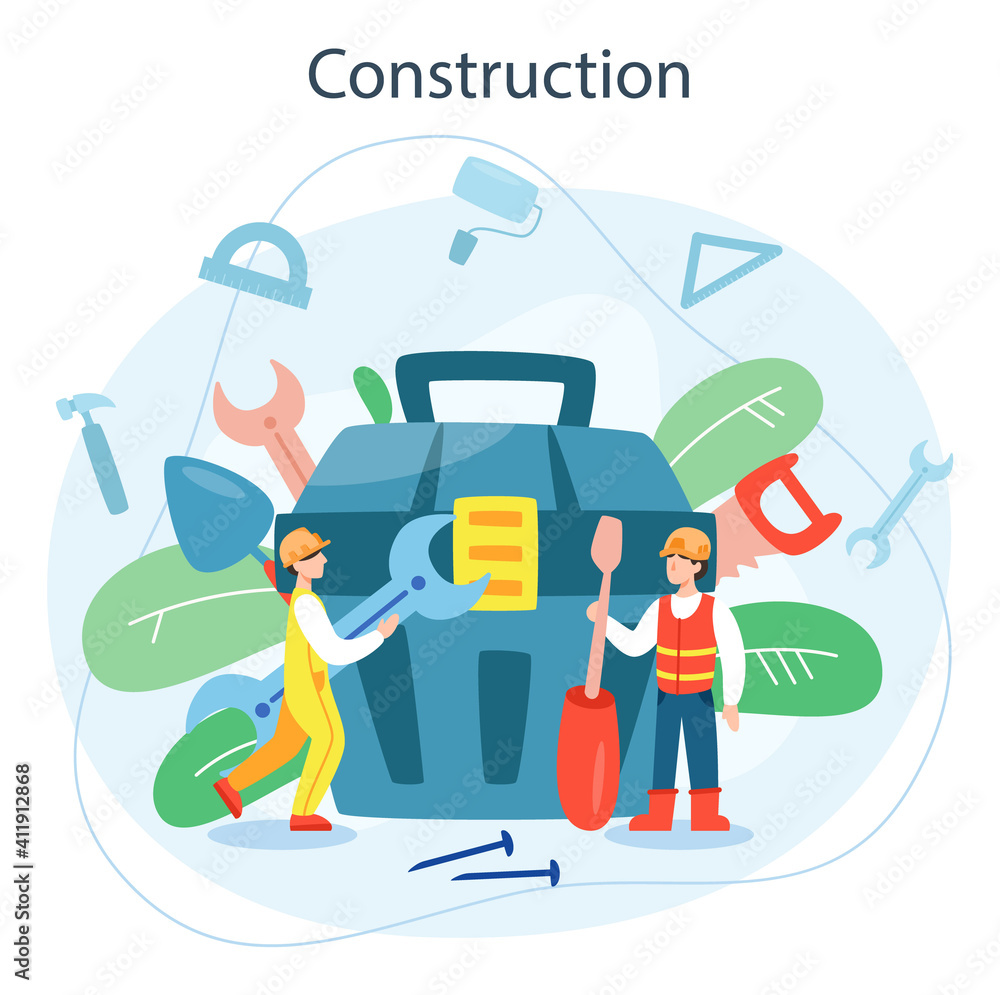 House building concept. Workers constructing home with tools House building concept. Workers constructing home with tools