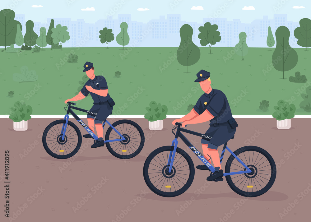 Police bicycle patrol flat color vector illustration. Searching for criminalscon bikes. Police officers riding around city 2D cartoon characters with beautiful city park on background