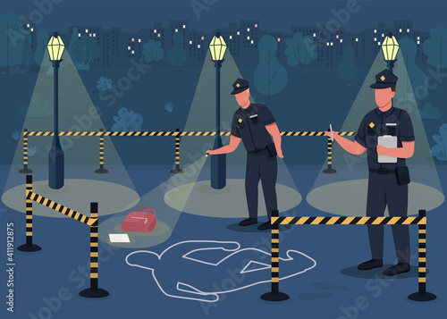 Crime investigation flat color vector illustration. Searching for crime evidence. Police officers investigating place of person death 2D cartoon characters with empty city park on background