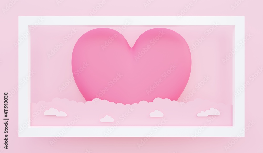 Valentine's day, love concept background, 3D illustration of red heart floating with paper cloud in frame