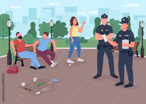 Fototapeta Naklejka Na Ścianę i Meble -  Park crimes flat color vector illustration. Dealing with drunk people with cigarettes. Police officers giving fines for throwing out trash 2D cartoon characters with city park on background