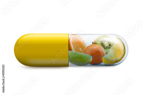 Quadro su tela vitamin c pill with citrus fruits inside on with background