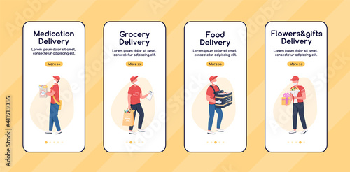 Courier service workers onboarding mobile app screen flat vector template. Pandemic services. Walkthrough website steps with characters. UX, UI, GUI smartphone cartoon interface, case prints set