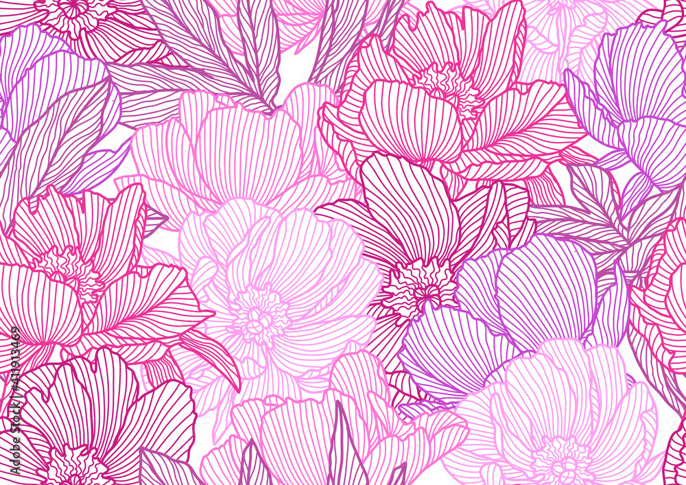 Seamless pattern with linear peonies.