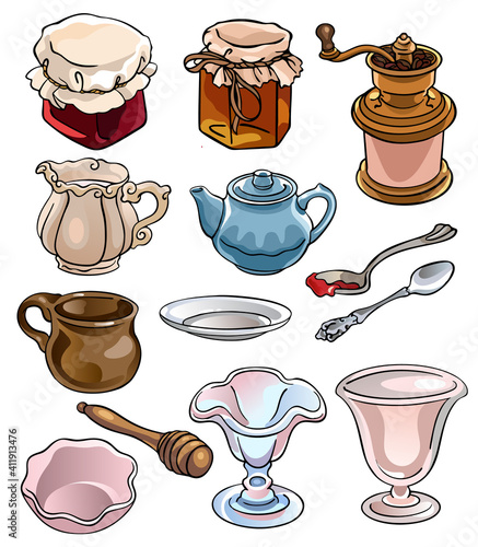Set of 13 hand drawings of kitchen supplies and dishes. Vector stock illustrations for custom design and print.