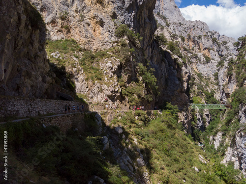 The Los Rebecos (chamois) bridge at the Cares Route in the heart of Picos de Europa National Park, Cain-Poncebos, Asturias, Spain. This walkway comes from reservoir of Doiras.