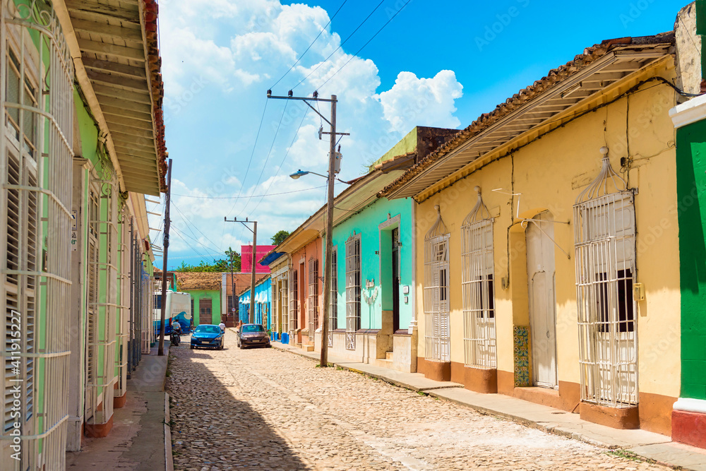 Colonial houses and cobblestone street in Trinidad, Cuba