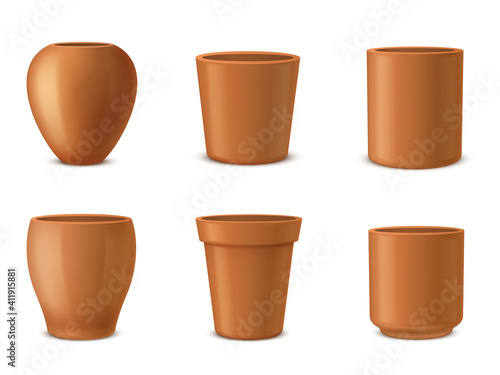 Pots for flowers, houseplants different shaped ceramic templates realistic set. Flowerpots, vases, urns.