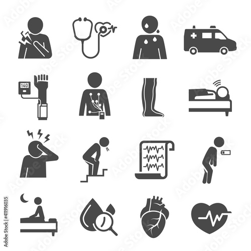 Heart, blood vessels diseases, problems bold black silhouette icon isolated on white.