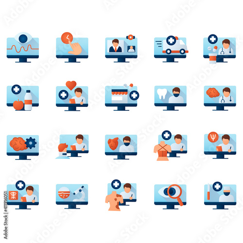  Telehealth flat icons set. Virtual medical consultation. Remote healthy check. Telemedicine, health care concept. Online medical examinations. Color vector illustrations with shadow