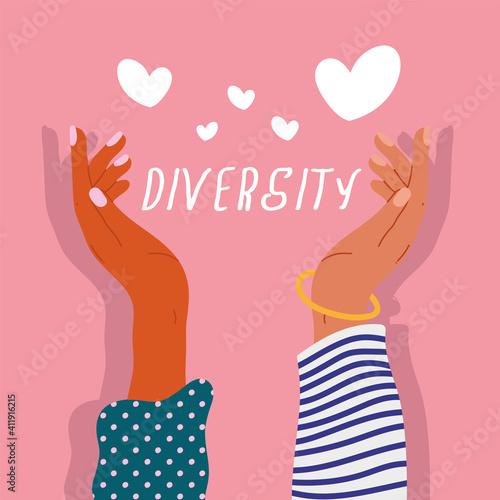 two diversity hands humans up with hearts and lettering