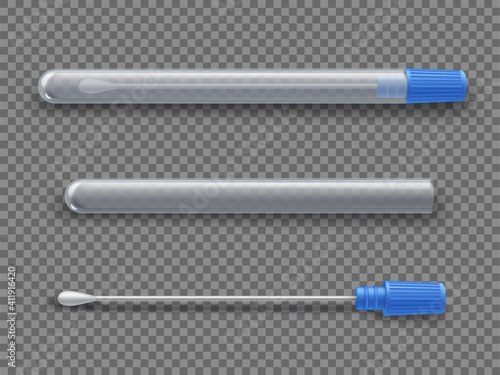 Nasal swab testing tool for coronavirus realistic set. Test tube open, closed with cotton stick.