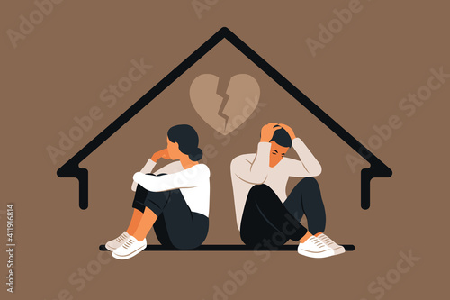Man and a woman in a quarrel. Conflicts between husband and wife. Two characters sitting back to back, disagreement, relationship troubles. Concept of divorce, misunderstanding in family. Vector.