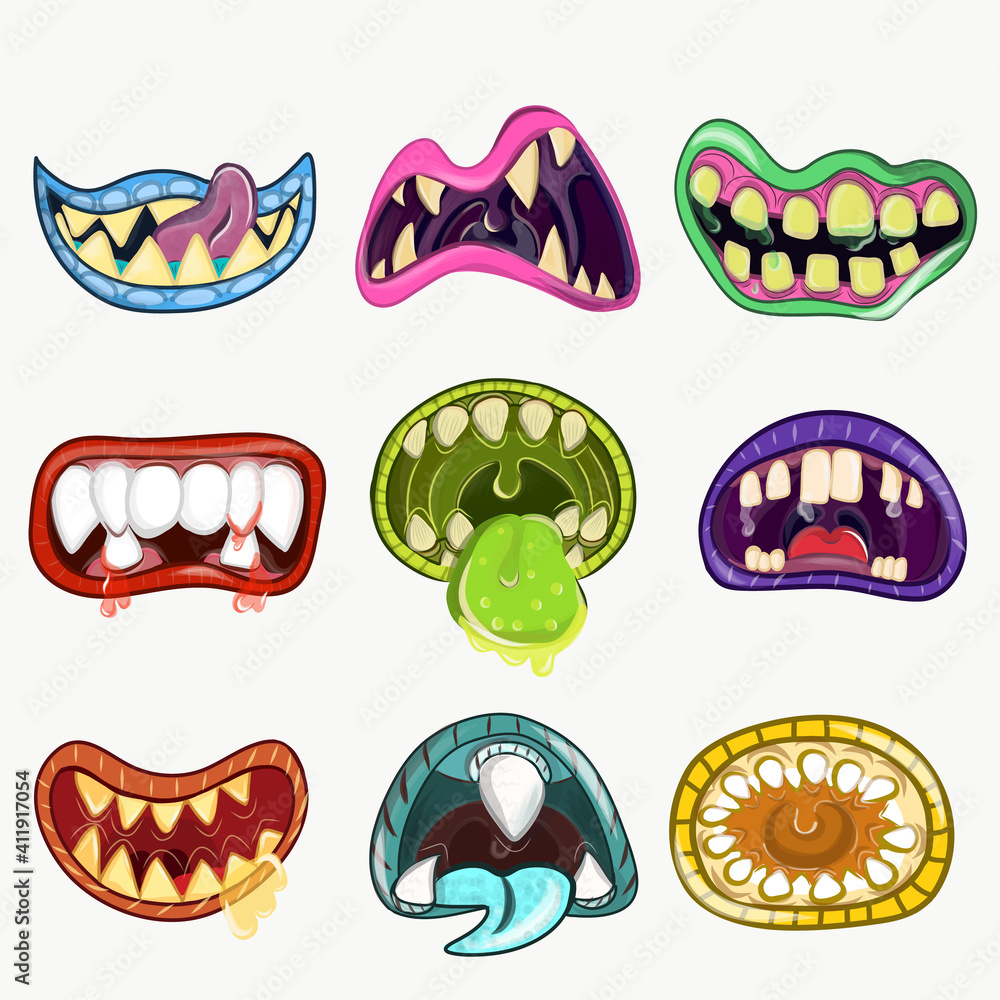 Monster mouths set. Cartoon halloween teeth and tongue of creatures ...