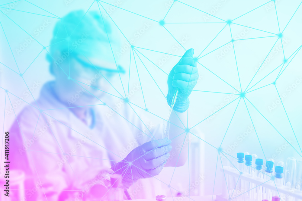 female scientist, laboratory assistant, researches a DNA test in the laboratory, researches a vaccine against COVID-19, creates a new drug, a concept of innovation in modern science