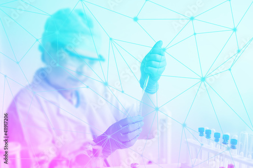 female scientist, laboratory assistant, researches a DNA test in the laboratory, researches a vaccine against COVID-19, creates a new drug, a concept of innovation in modern science