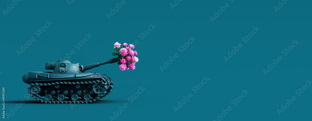 Toy tank fires a bouquet of flowers. Peace concept background 3D Rendering - obrazy, fototapety, plakaty 