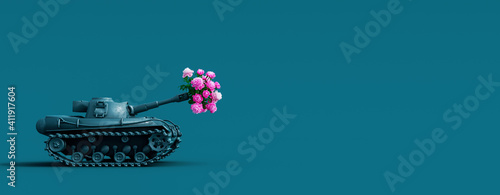 Toy tank fires a bouquet of flowers. Peace concept background 3D Rendering