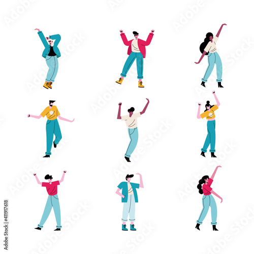 happy young people dancing nine avatars characters