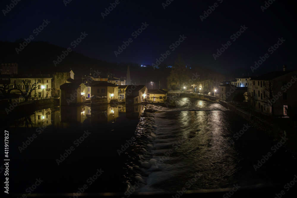 Panoramic night view of Borghetto sul Mincio, Verona. One of the most beautiful villages in Italy.