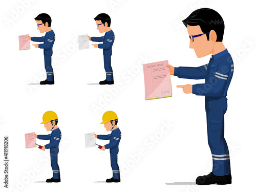 set of an industrial worker is holding some document
