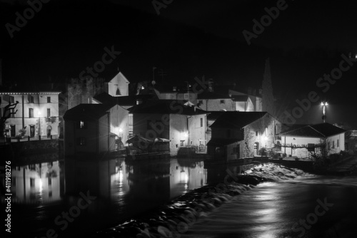 Panoramic night view of Borghetto sul Mincio, Verona. Black and white photos. One of the most beautiful villages in Italy.