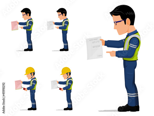 set of an industrial worker is holding some document