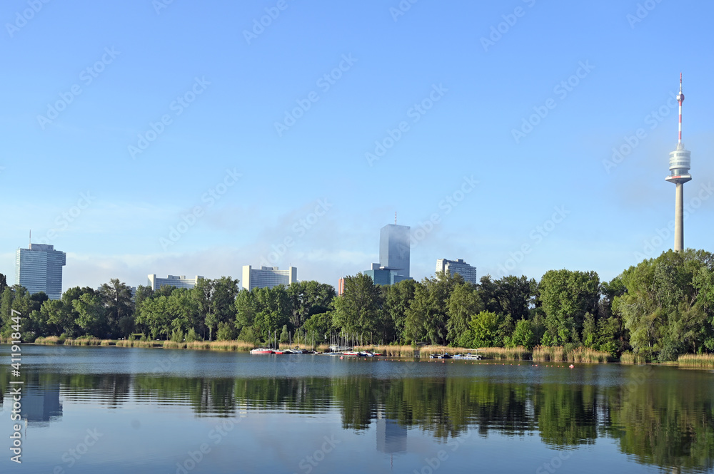 Vienna city skyline on the Danube river in the morning