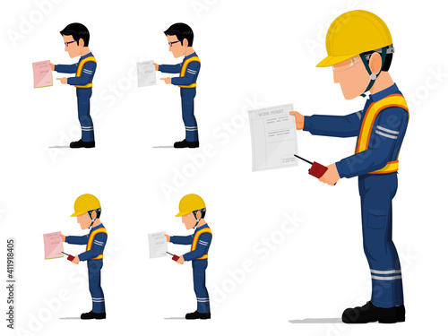 set of an industrial worker is holding some document