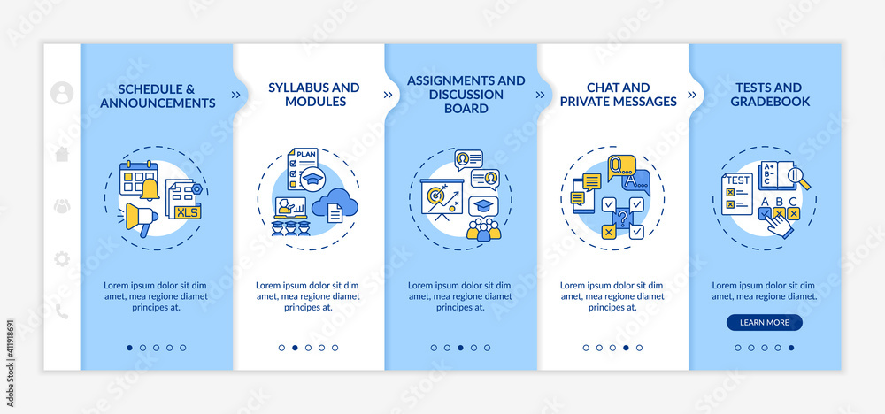 Online course management system elements onboarding vector template. Schedule and announcements. Responsive mobile website with icons. Webpage walkthrough step screens. RGB color concept