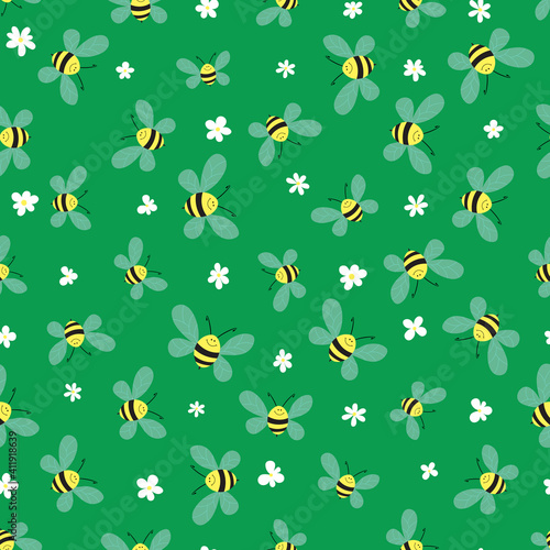 Seamless pattern with bees and flowers on green background. Adorable cartoon wasp characters. Template design for invitation, cards, textile, fabric. Doodle style. Vector stock illustration