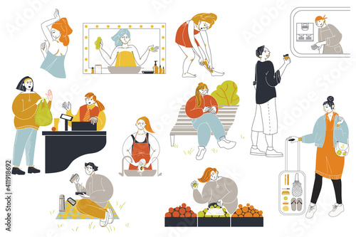 A collection of images of people leading an eco friendly, zero waste lifestyle. Vector illustration.