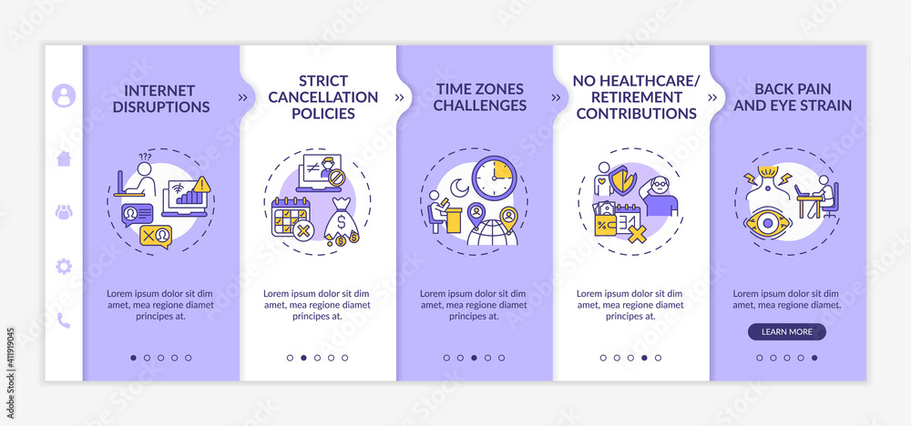 Online english teaching challenges onboarding vector template. Internet disruptions. Strict policies. Responsive mobile website with icons. Webpage walkthrough step screens. RGB color concept
