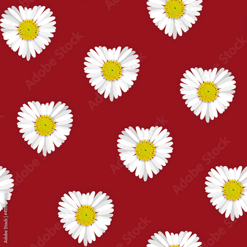 Seamless pattern with detailed vector illustrations of heart shaped daisy blooms on a dark red background.