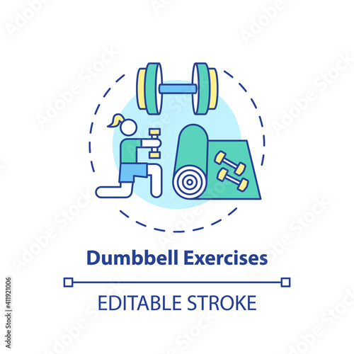 Dumbbell exercises concept icon. At-home workout session idea thin line illustration. Strength training. Improving bone density. Vector isolated outline RGB color drawing. Editable stroke