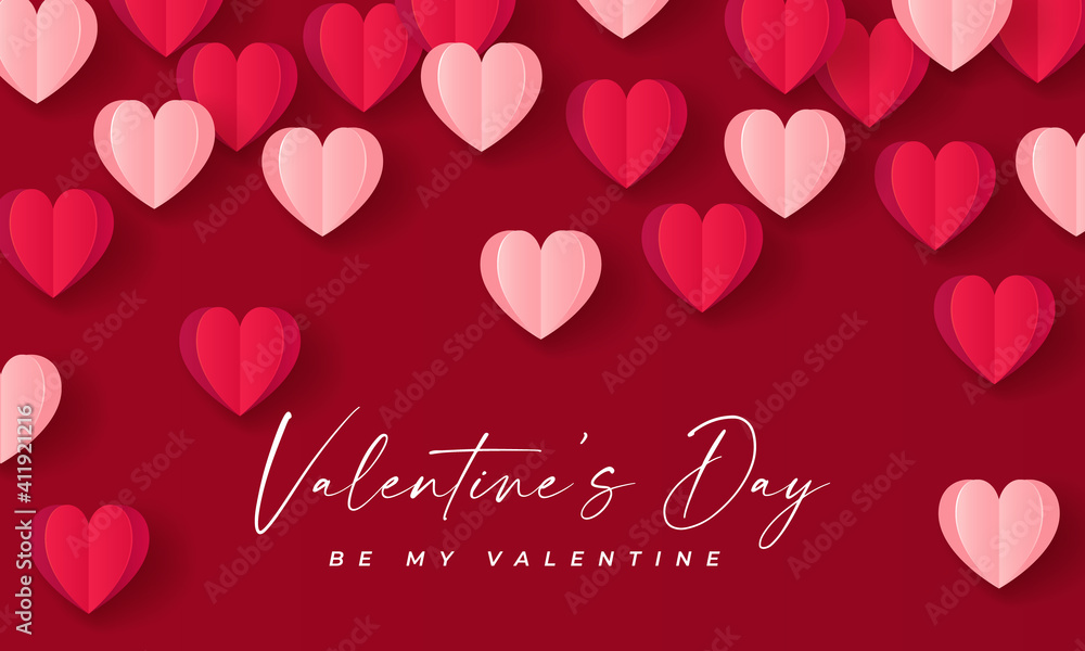 Happy Valentine's Day banner. Holiday background design with big heart made of red and pink Origami Hearts. Horizontal poster, flyer, greeting card, header for website