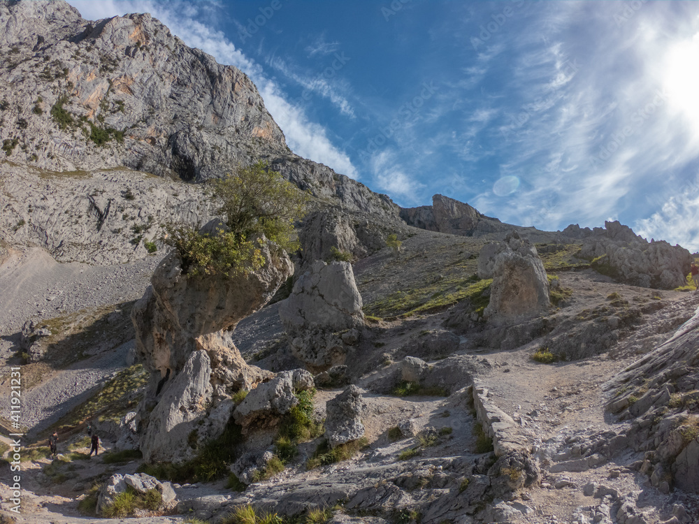 The Cares Route in the heart of Picos de Europa National Park, Cain-Poncebos, Asturias, Spain. Narrow and impressive canyon between cliffs, bridges, caves, footpaths and rocky mountains.