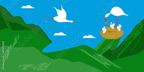 Storks - nest, chicks, family - vector. The world of birds. Spring landscape.