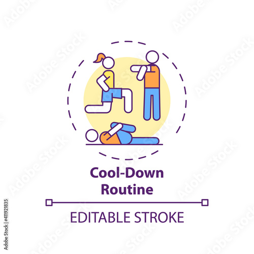 Cool-down routine concept icon. Home physical training tip idea thin line illustration. Promoting blood flow. Reducing stress to heart. Vector isolated outline RGB color drawing. Editable stroke