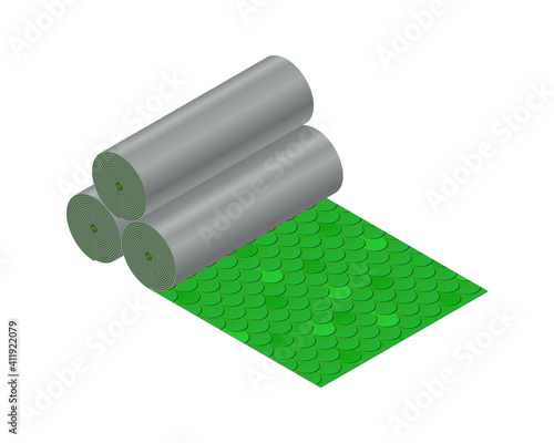 Isometric vector illustration roll green shingles bitumen roofing cover isolated on white background. Realistic shingles for roof covering vector icon in flat cartoon style. Construction material.