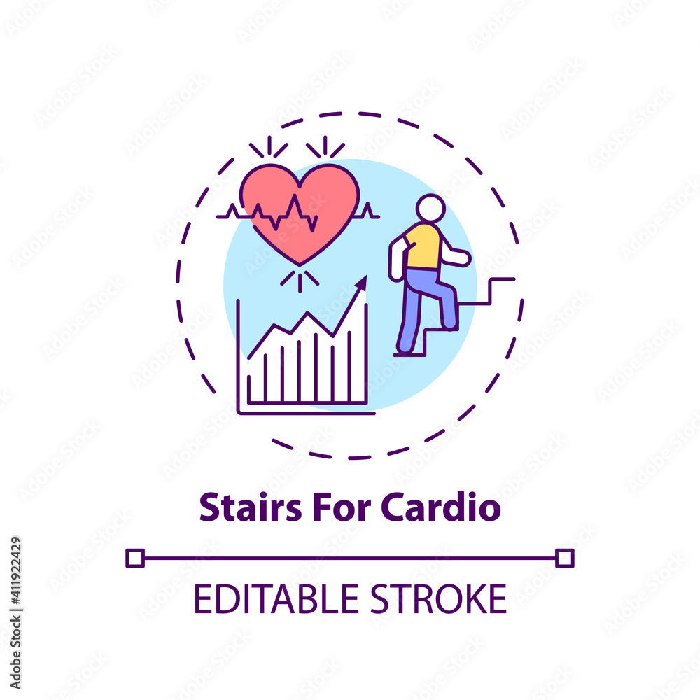 Stairs for cardio concept icon. Gym exercise alternative idea thin line illustration. Stair climbing. Maximizing cardio efforts. Vector isolated outline RGB color drawing. Editable stroke Stairs for cardio concept icon. Gym exercise alternative idea thin line illustration. Stair climbing. Maximizing cardio efforts. Vector isolated outline RGB color drawing. Editable stroke
