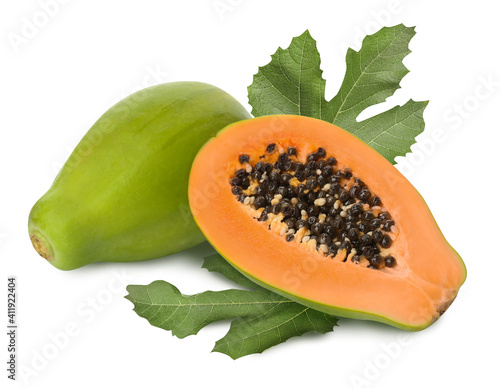 Wallpaper Mural Fresh ripe papaya fruits and green leaves on white background Torontodigital.ca