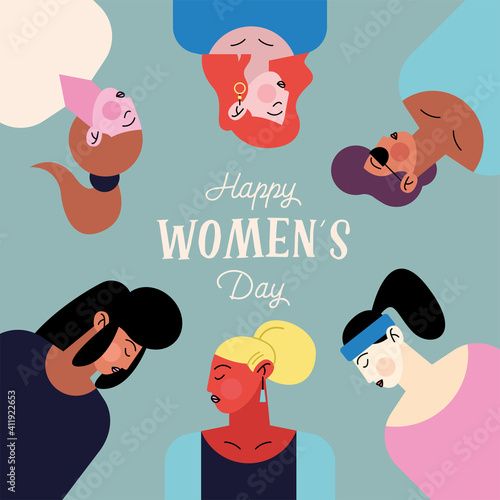 happy womens day lettering with group of six girls characters